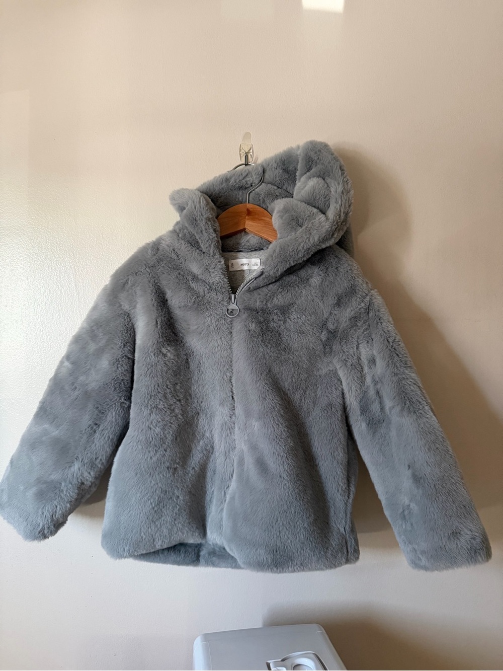 Mango Light Grey Faux Fur Hooded Puffer Jacket for Kids